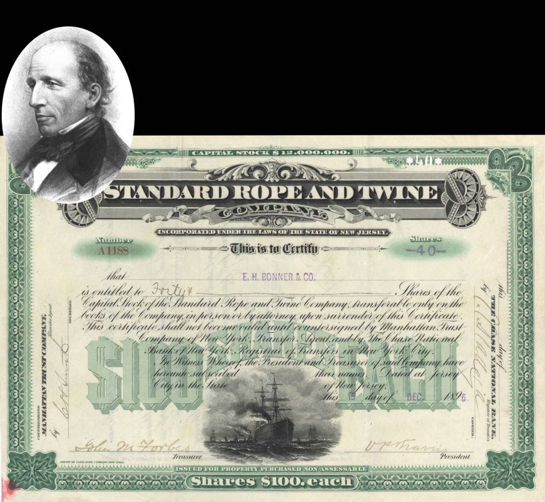 Standard Rope and Twine Co. Signed by John M. Forbes - 1896 dated Autographed Stock Certificate