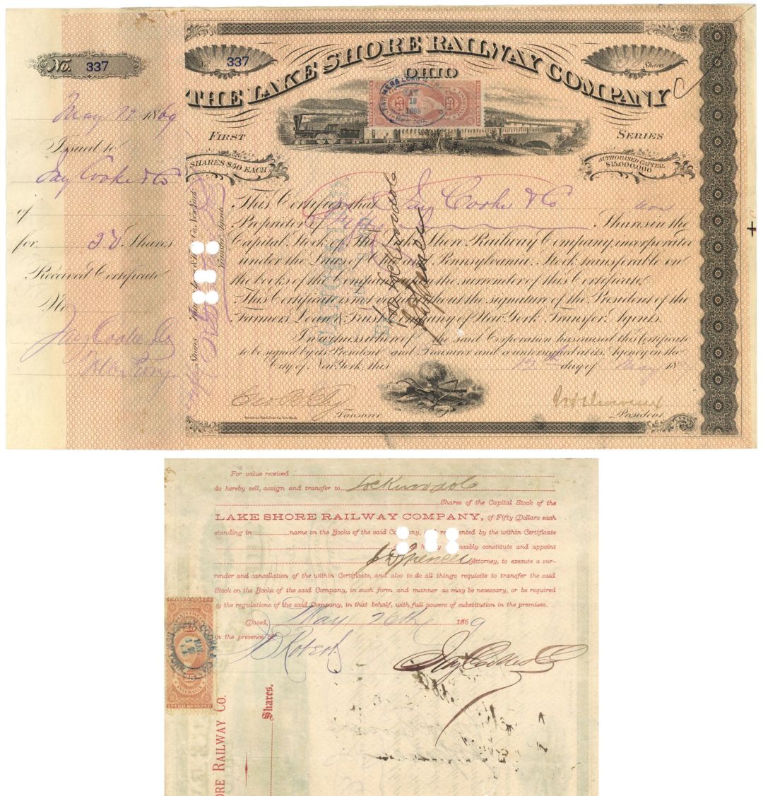 Lake Shore Railway Co. signed by Jay Cooke Sr. and Henry Devereux - 1860's dated Autograph Stock Certificate