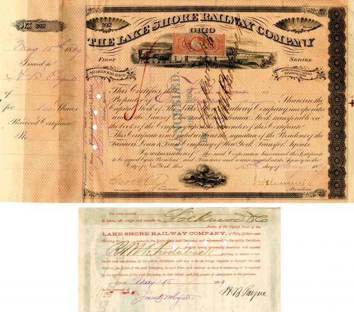 Lake Shore Railway Co. signed by H.B. Payne and J.H. Devereux - Railroad Stock Certificate