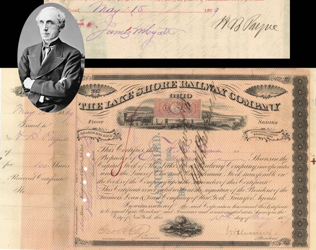 Lake Shore Railway Co. signed by H.B. Payne and J.H. Devereux - 1869 dated Autographed Railroad Stock Certificate