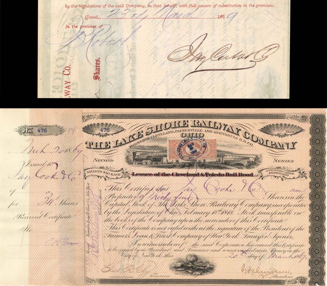Lake Shore Railway Co. Issued to Jay Cooke & Co. and signed by Henry Devereux - 1869 dated Autogrpahed Stock Certificate