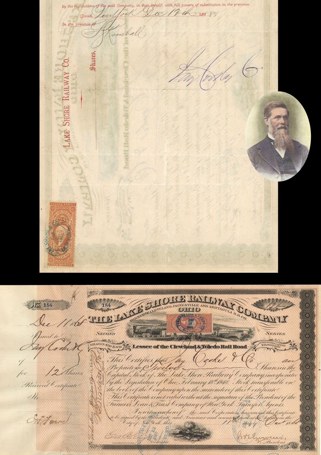 Lake Shore Railway Co. Issued to Jay Cooke & Co. and signed by Henry Devereux - 1868 or 1869 dated Autogrpahed Stock Certificate