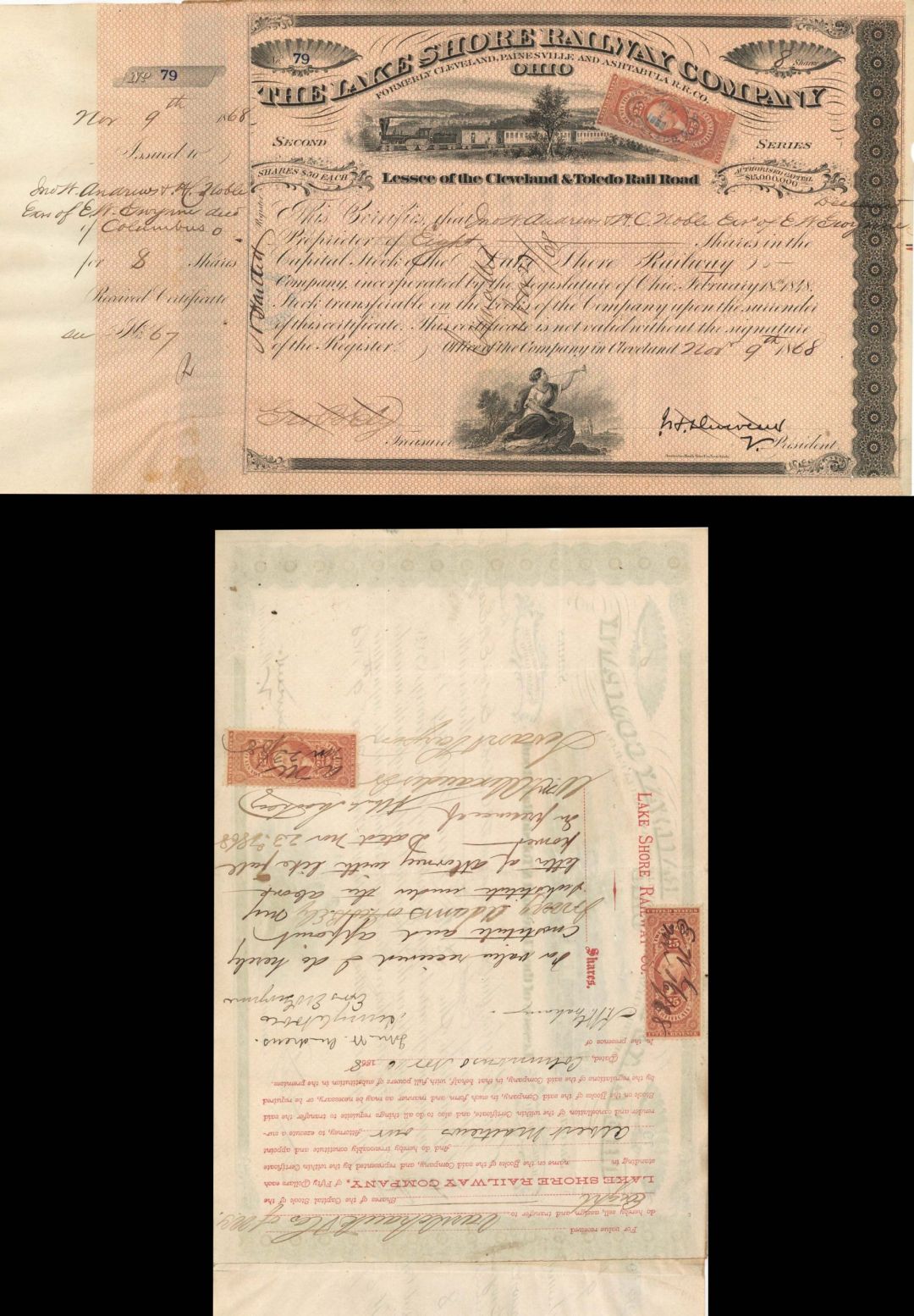 Lake Shore Railway Co. signed by J.H. Devereux - 1868 or 1869 Railroad Stock Certificate