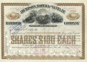 Atchison, Topeka and Santa Fe Railroad Co. Issued to Mabel G. Bell - 1887 dated Autographed Stock Certificate