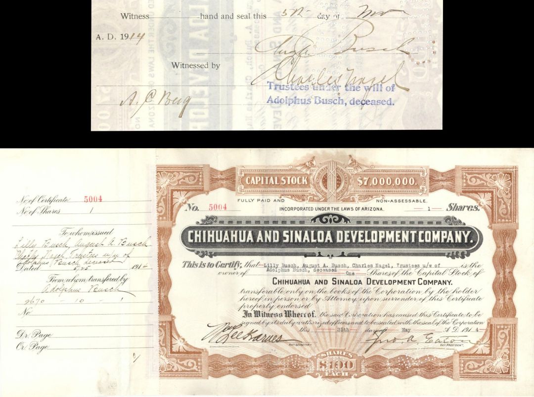 Chihuahua and Sinaloa Development Co. Issued to and signed by August Busch - 1914 dated Autographed Stock Certificate