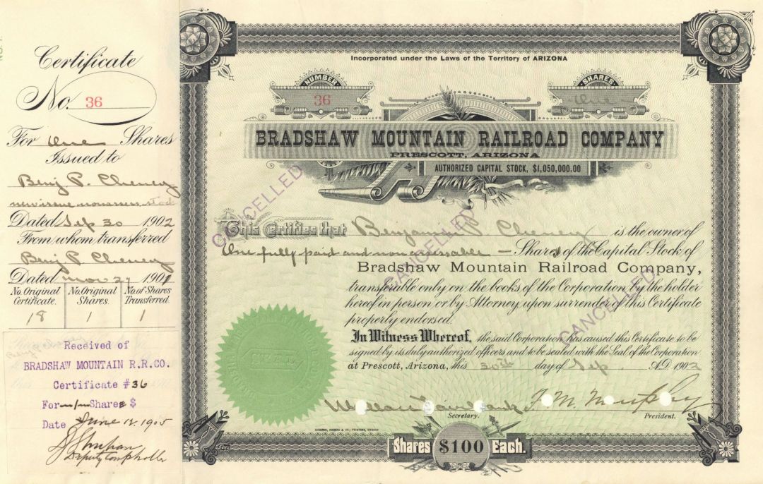 Bradshaw Mountain Railroad Co. signed by B.P. Cheney - 1902 Autograph Stock Certificate - Part of the Atchison, Topeka and Santa Fe Railroad System