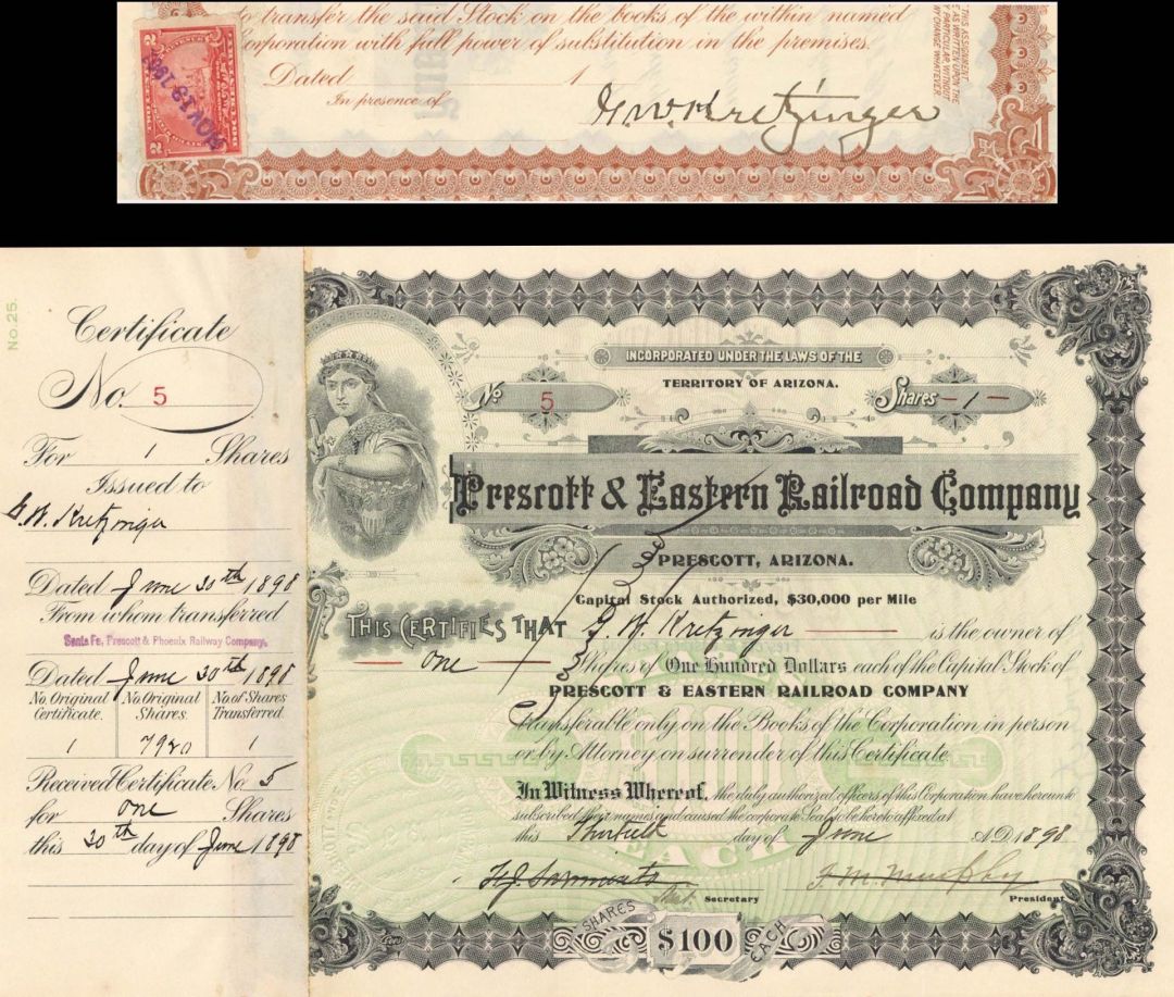 Prescott and Eastern Railroad Co. signed by George Washington Kretzinger - 1898 dated Autograph Arizona Stock Certificate - Part of the Atchison, Topeka and Santa Fe Railroad