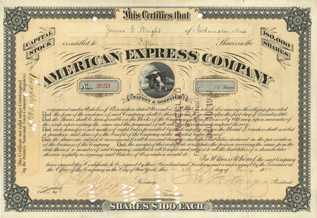 American Express Co. signed by J. C. Fargo - Autographed Stock Certificate