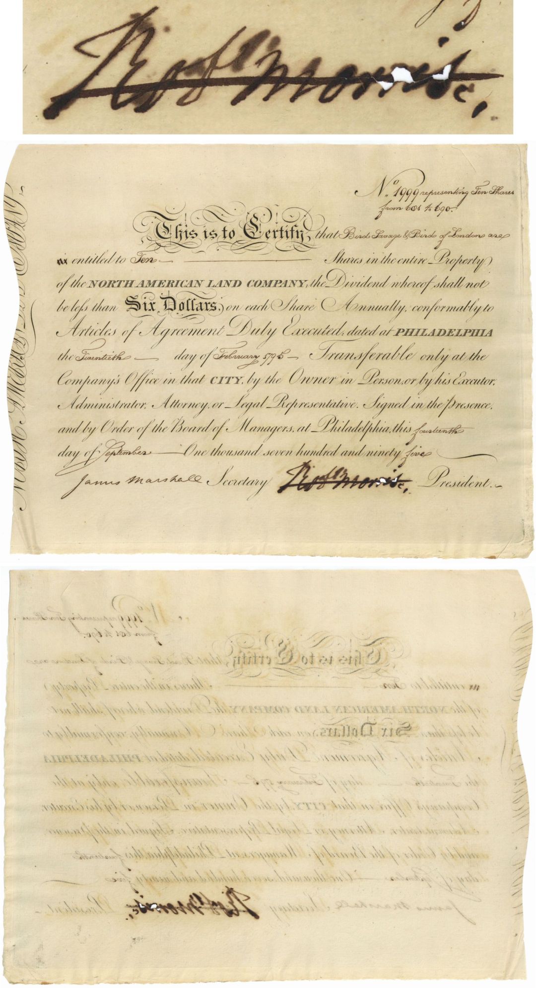 1795 dated North American Land Stock signed by Robert Morris - Exact Piece Shown - Financier and Pennsylvania Signer of the Declaration of Independence
