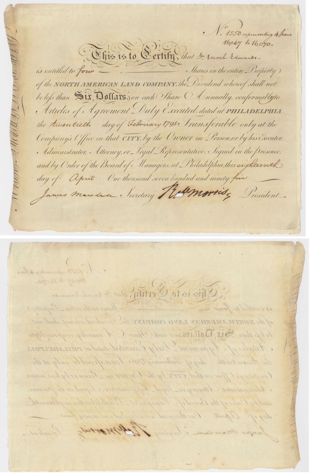 1795 dated North American Land Stock signed by Robert Morris - Financier and Pennsylvania Signer of the Declaration of Independence - Exact Piece Shown - Paper Repair in Signature - Erosion in the Signature Usually Seen