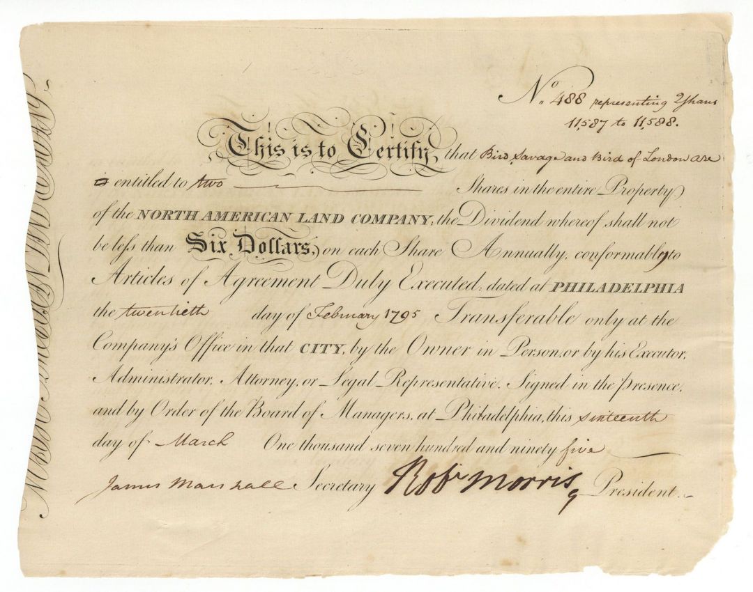 North American Land Stock signed by Robert Morris - Financier and Pennsylvania Signer of the Declaration of Independence