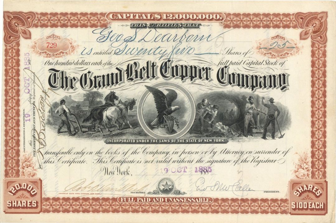 General George McClellan signed Grand Belt Copper Co. - Autographed Mining Stock Certificate
