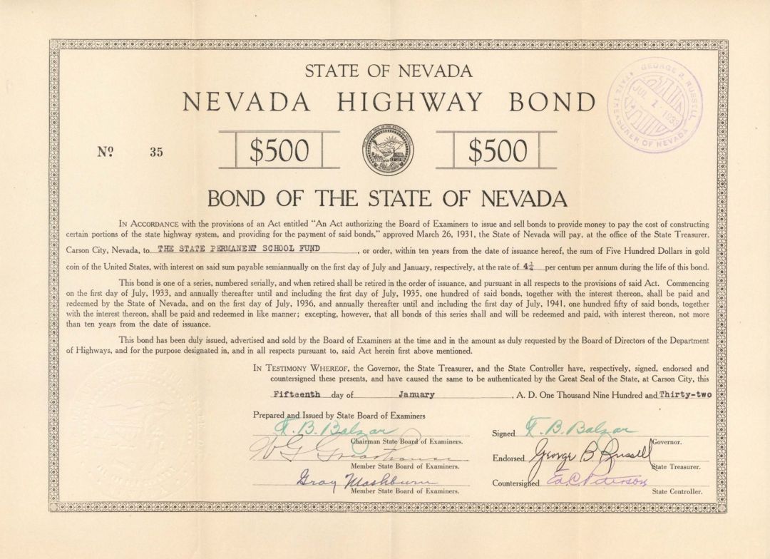 Nevada Highway Bond Signed by Governor T.B. Balzar twice - 1932 dated Autograph