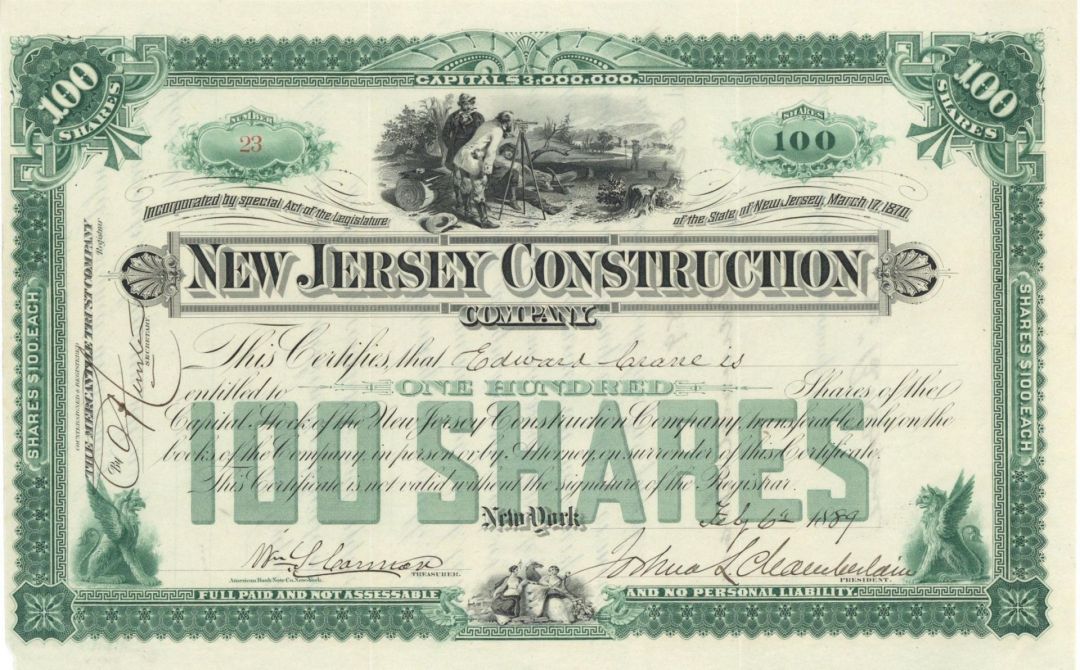 New Jersey Construction signed by Joshua L. Chamberlain  - 1889 dated Autographed Stock Certificate