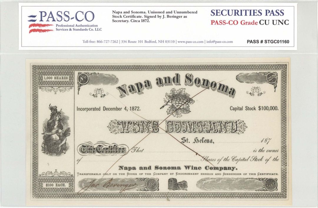 Napa and Sonoma Wine Co. Signed by Jacob Beringer - PASS-CO Authenticated Autographed Stock Certificate 