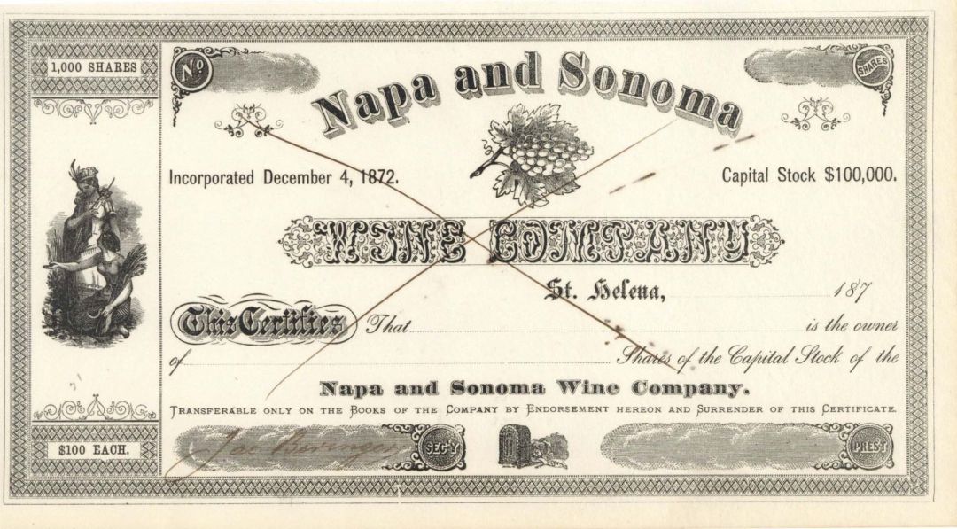 Napa and Sonoma Wine Co. Signed by Jacob Beringer - Unissued Autographed Stock Certificate 