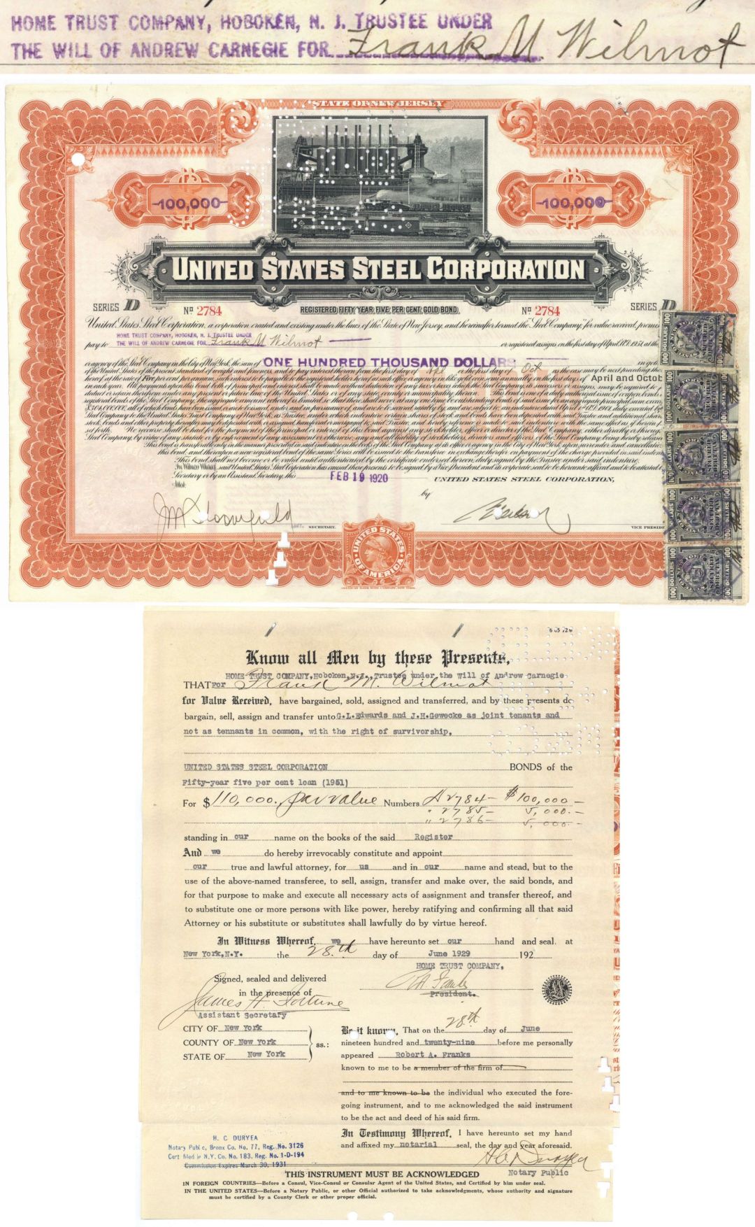 United States Steel Corporation - Will of Andrew Carnegie - $100,000 Bond issued to Home Trust Co., Hoboken, NJ Trustee under the Will of Andrew Carnegie for Frank M. Wilmot - 1920 dated US Steel Corp. Gold Bond