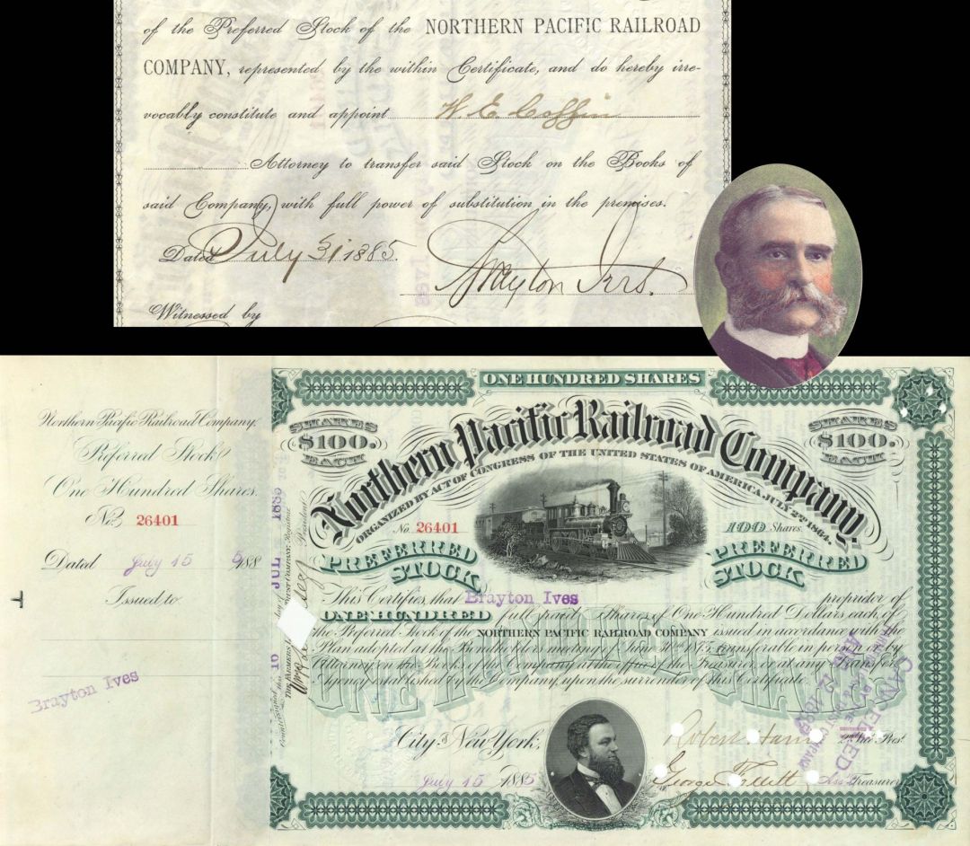 Northern Pacific Railroad Co. Issued to and signed by Brayton Ives - 1885-1895 dated Autographed Stock Certificate