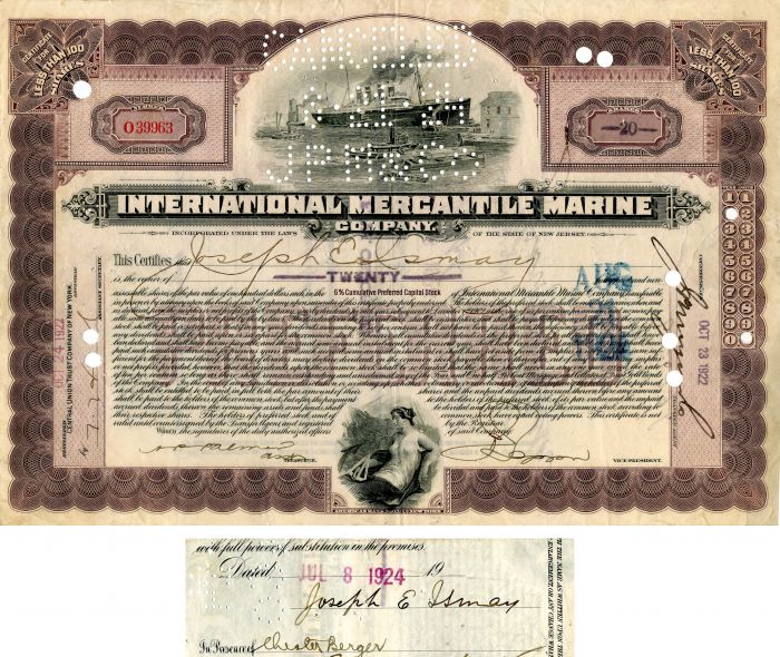 International Mercantile Marine Co. issued to and signed by Joseph E. Ismay - Co. that Made the Titanic - Stock Certificate