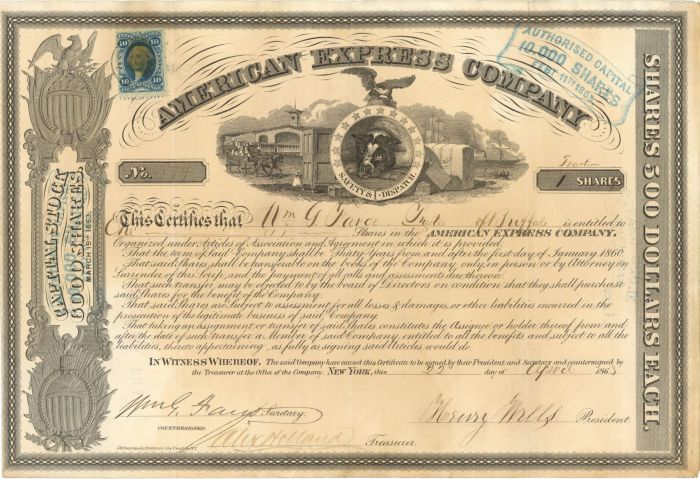 American Express Co. Issued to and Signed by Wm. G. Fargo - Stock Certificate