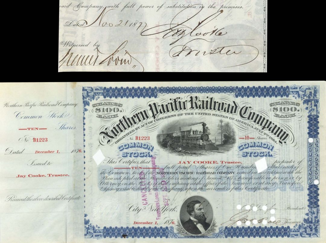 Northern Pacific Railroad Co. Issued to and signed by Jay Cooke at back - 1876 and 1877 dated Autograph Railway Stock Certificate