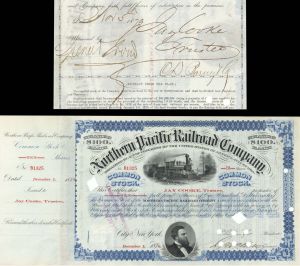 Northern Pacific Railroad Co. Issued to and signed by Jay Cooke and C.D. Barney at back - 1876 and 1879 dated Autograph Railway Stock Certificate