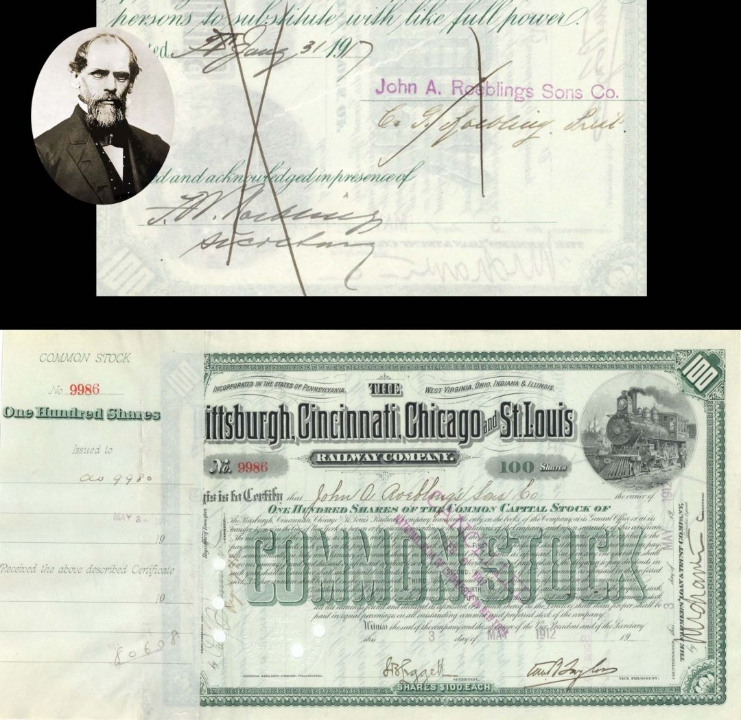 Pittsburgh, Cincinnati, Chicago and St. Louis Railway Co. issued to John A. Roebling's Sons Co. and signed by C.G. and F.W. Roebling - 1912 dated Autographed Stock Certificate
