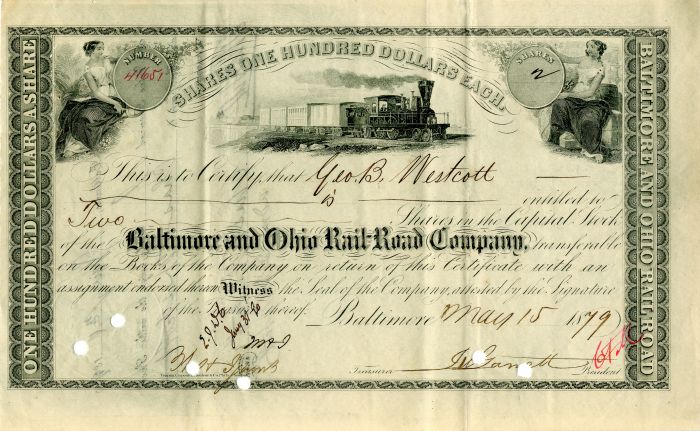 Baltimore and Ohio Railroad Co. signed by John W. Garrett - Stock Certificate