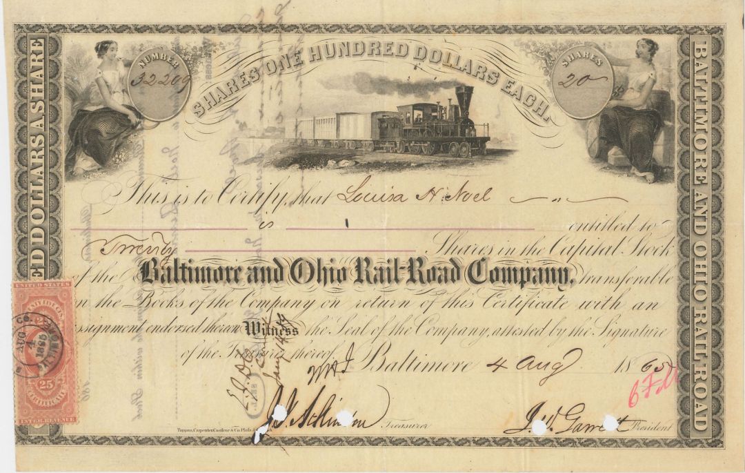 Baltimore and Ohio Railroad Co. signed by John W. Garrett - 1860's-70's dated Autographed Stock Certificate