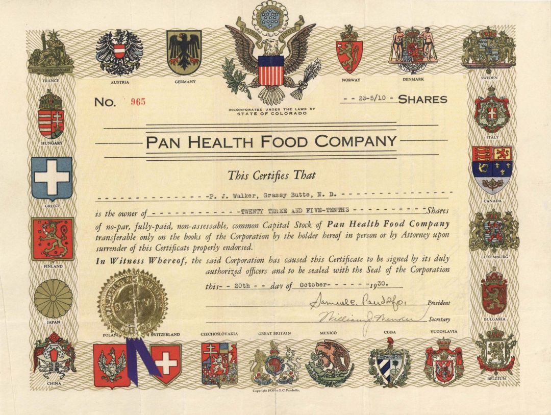 Pan Health Food Co. signed by Samuel C. Pandolfo - 1930 dated Autographed Stock Certificate