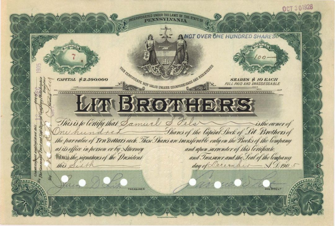 Lit Brothers Stock signed by Samuel and Jacob Lit - 1905 or 1928 dated Autographed Stock Certificate