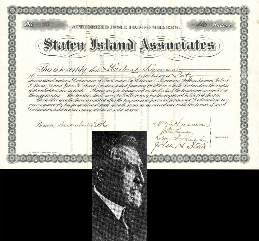 Staten Island Associates signed by William E. Harmon - 1903 or 1906 dated Autographed Stock Certificate