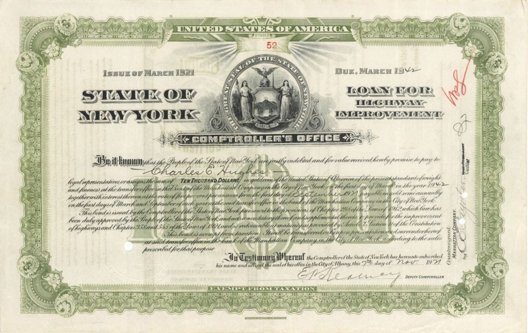 State of New York issued to (not signed) by Charles E. Hughes - 1921 dated $1,000 Bond