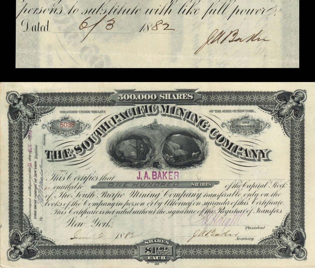 South Pacific Mining Co. Issued to and signed by J.A. Baker - 1882 dated Autographed Stock Certificate