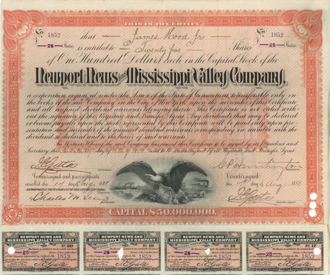 Newport News and Mississippi Valley Co. signed by C. P. Huntington - 1888 dated Autograph Stock Certificate