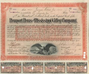 Newport News and Mississippi Valley Co. signed by C. P. Huntington - 1888 dated Autograph Stock Certificate