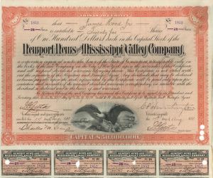 Newport News and Mississippi Valley Co. signed by C. P. Huntington - Stock Certificate