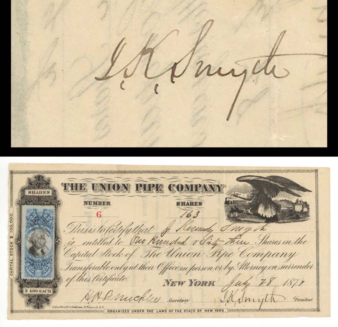 Union Pipe Co. signed by J.K. Smythe - 1871 dated Autographed Stock Certificate