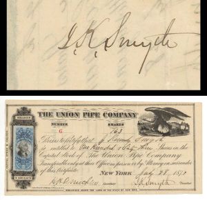 Union Pipe Co. signed by J.K. Smythe - 1871 dated Autographed Stock Certificate