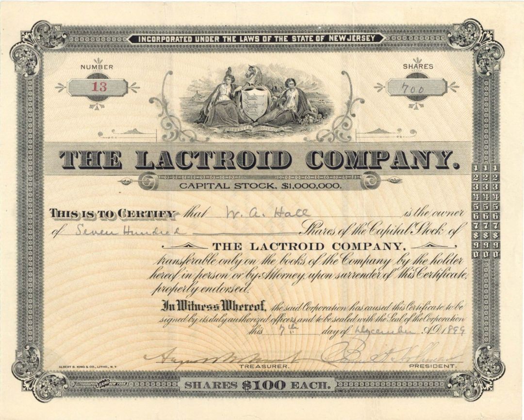 Lactroid Co. signed by August Belmont, Jr. - 1899 or 1901 dated Autographed Stock Certificate
