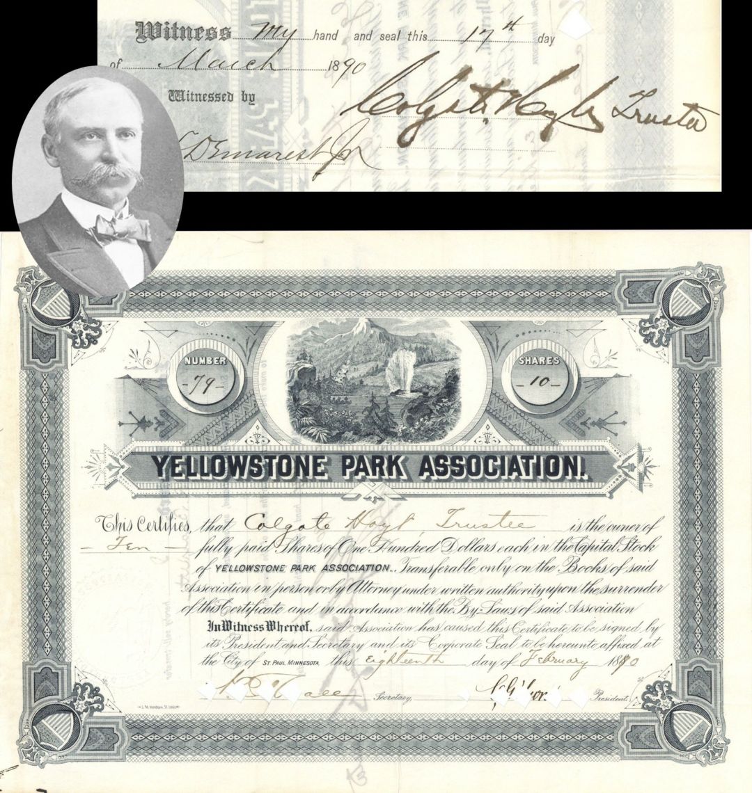Yellowstone Park Association signed by Colgate Hoyt - 1890 dated Autographed Stock Certificate