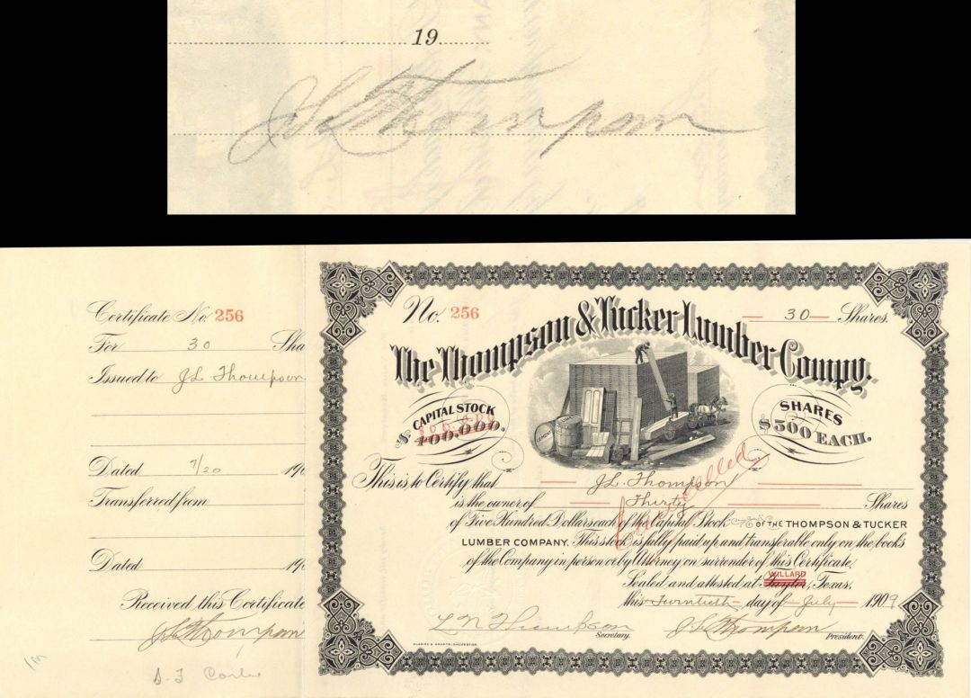 Thompson and Tucker Lumber Co. signed by J.L. Thompson - 1909 dated Autographed Stock Certificate