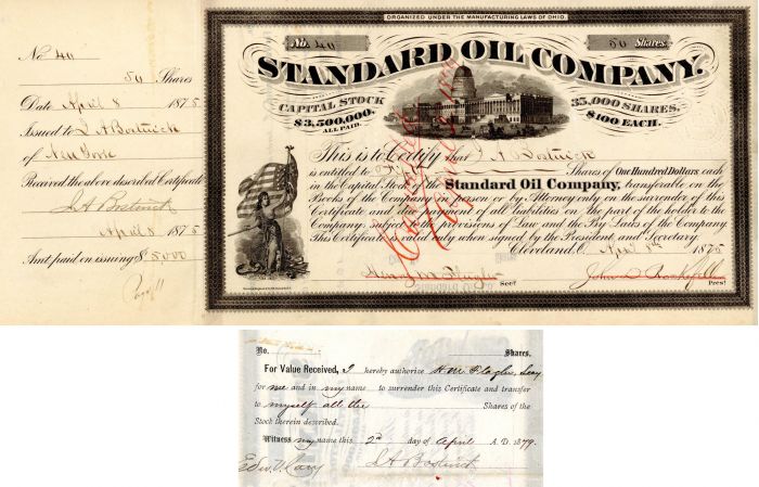 Standard Oil Co. Issued to J.A. Bostwick and Signed by J.D. Rockefeller and H.M. Flagler - Stock Certificate