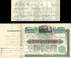 Beech Creek Railroad Co. Transferred to Chauncey Depew - 1889 dated Autographed Stock Certificate