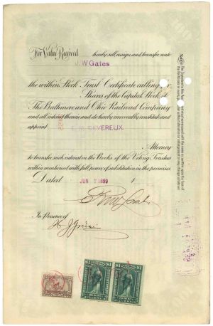 Transfer to John W. Gates - Bet-a-Million Gates - Baltimore & Ohio Railroad Co. - Stock Certificate