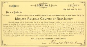 Midland Railroad Co. of New Jersey Signed by Garret A. Hobart - Unissued Autographed Bond Scrip