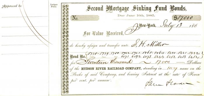 Sam Sloan signed Hudson River Railroad Co. - Railway Bond Transfer Receipt