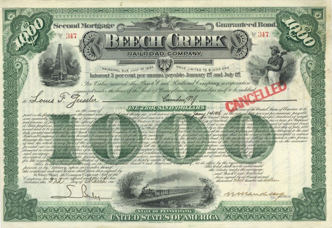 William K. Vanderbilt, Jr. signed Beech Creek Railroad Co. - $1,000 Bond