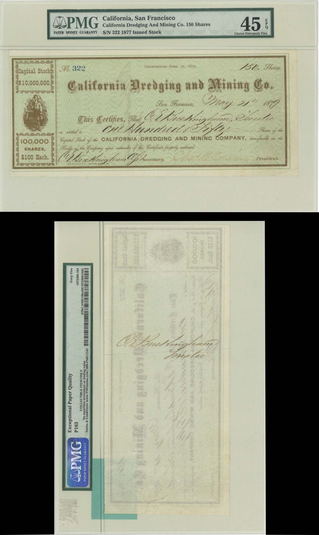 California Dredging and Mining Co. signed by C. E. Buckingham front and back - 1879 dated PMG graded Autographed Stock Certificate