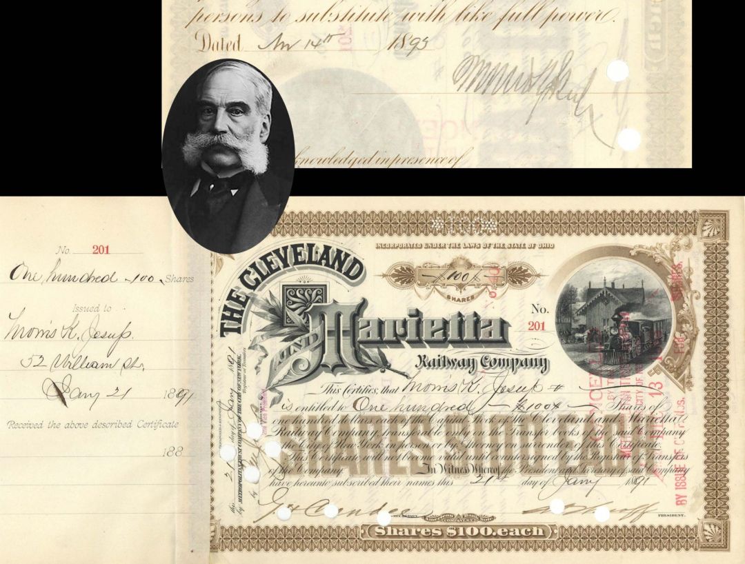 Cleveland and Marietta Railway Co. issued to and signed by Morris K. Jesup- 1891 dated Autographed Stock Certificate